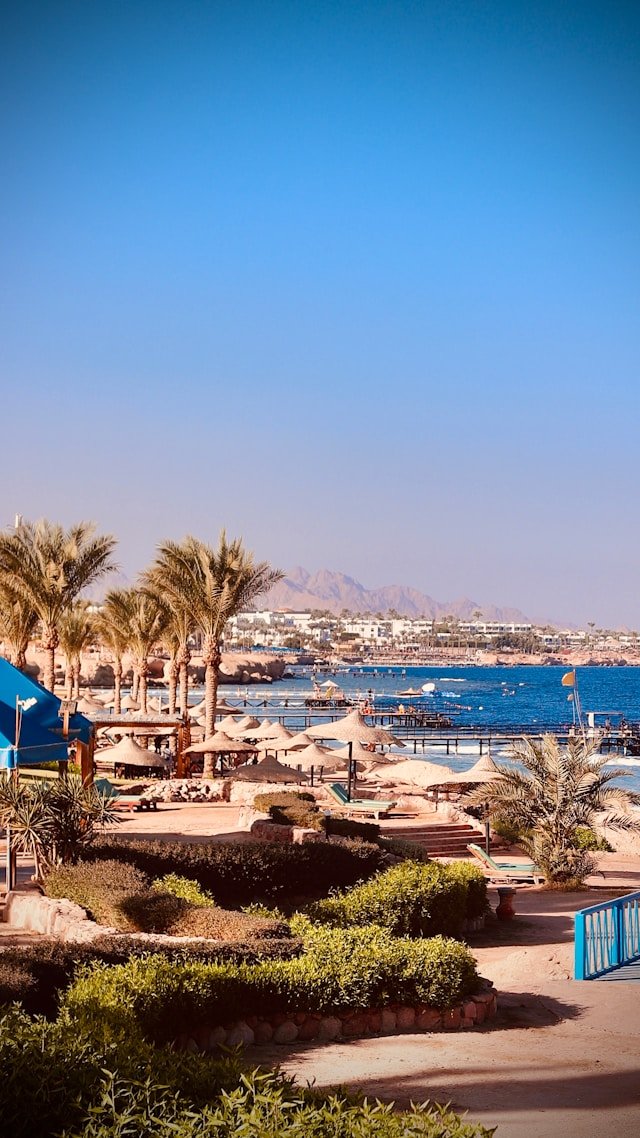 Travelers enjoying the beautiful Red Sea beaches in Sharm Elsheikh, Egyp